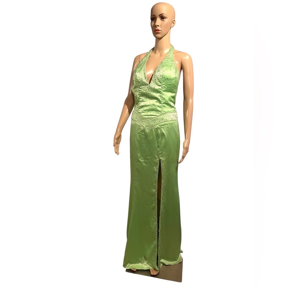 Vintage Y2K Night Moves Prom Halter Plunge Gown Glitter Back Slit Green 6